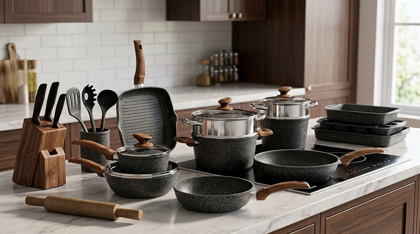 Illustration of the Kitchen Academy cookware set on a marble counter with wooden cabinets