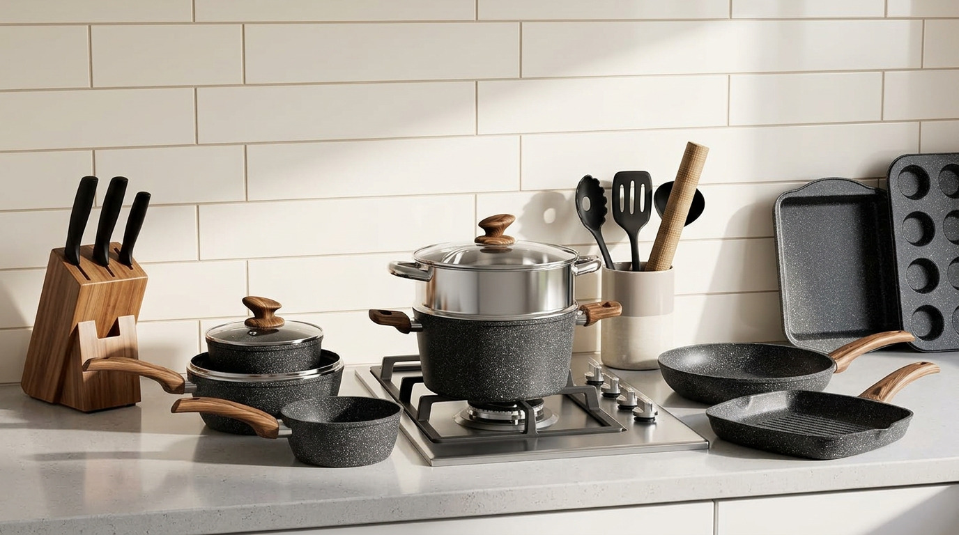 Illustration of Kitchen Academy pots and pans on a gas stove
