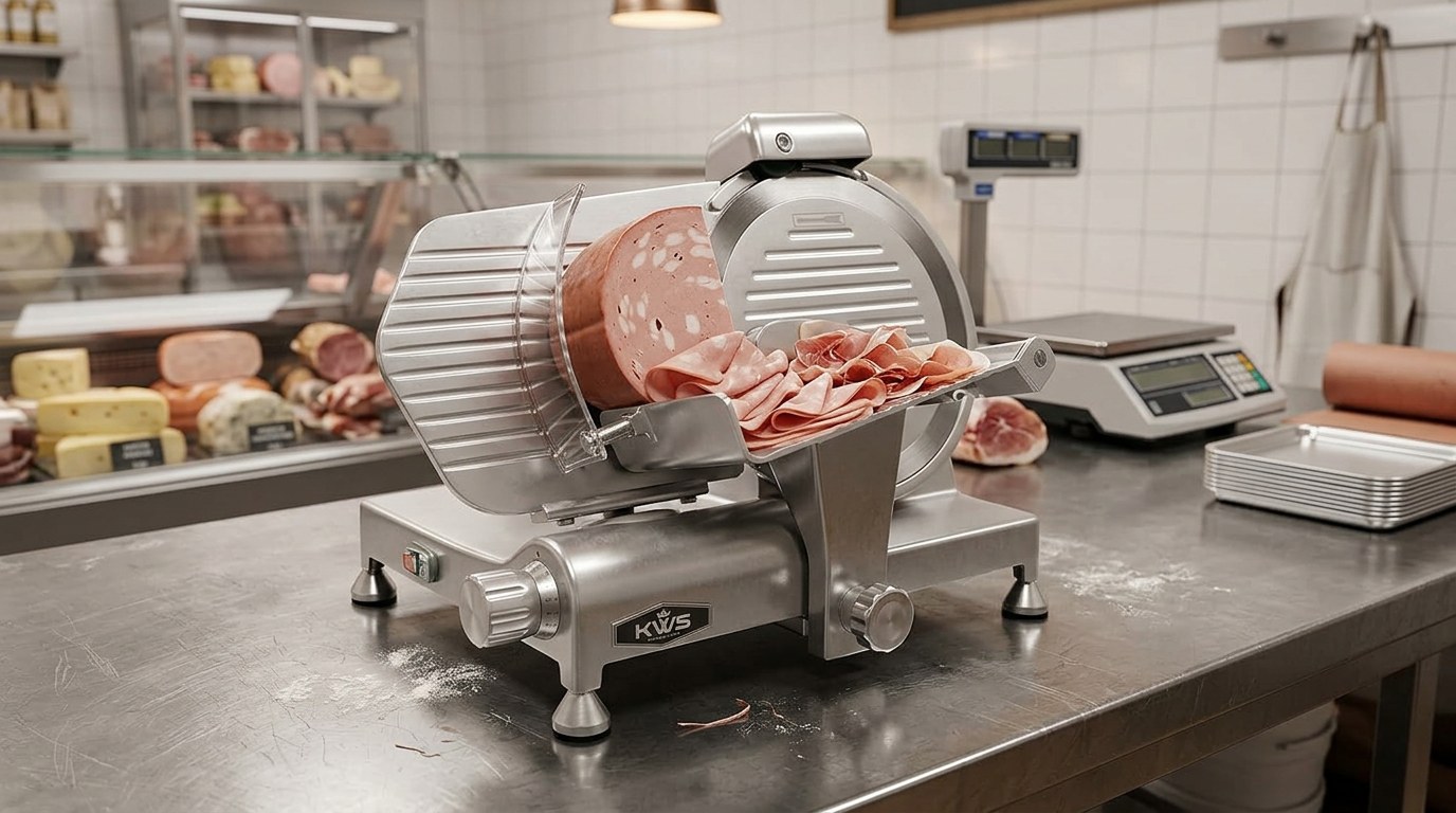 Illustration of the KWS MS-10ES electric slicer cutting thin slices of ham onto a wooden board in a deli kitchen