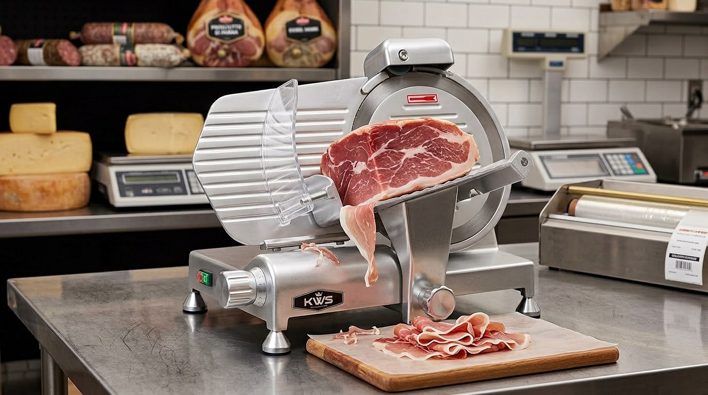 Illustration of the KWS MS-10ES slicing a ham with slices stacked on a cutting board