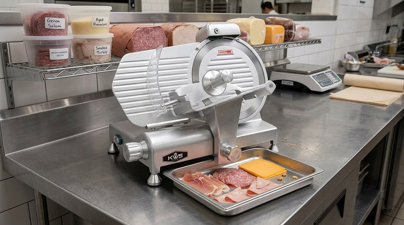 Illustration of the KWS MS-10ES electric meat slicer on a stainless steel prep table in a deli kitchen