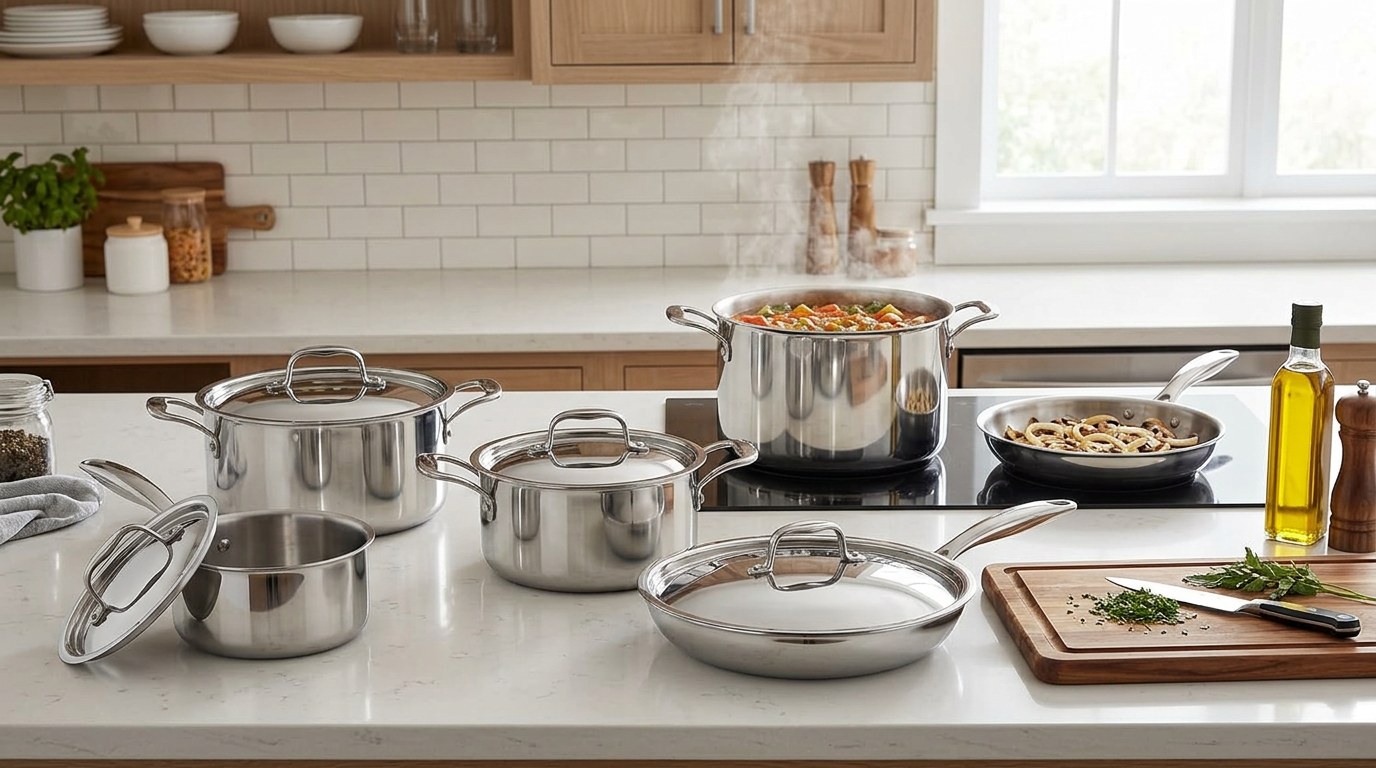 Illustration of Legend 5-Ply stainless steel pots and pans on a kitchen counter by a window, with steam rising from a pot