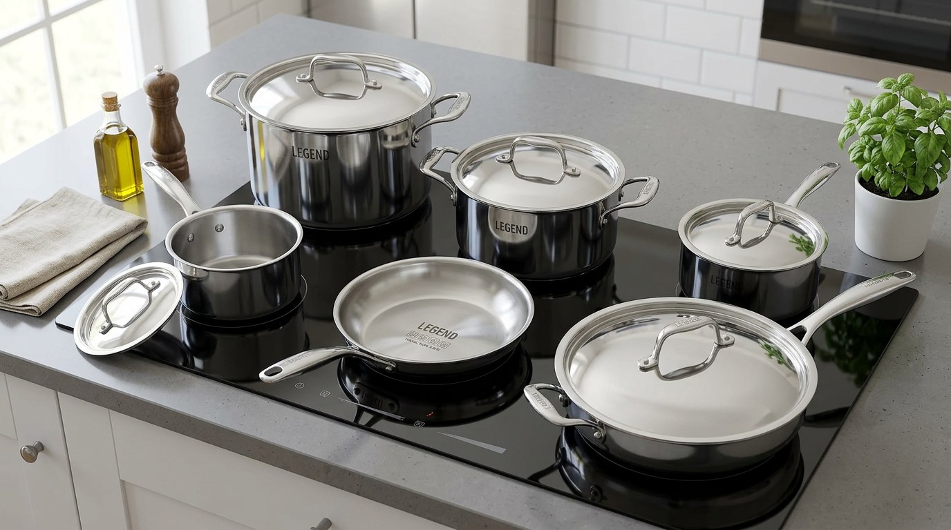 Illustration of Legend 5-Ply stainless steel pots and pans on a black induction cooktop