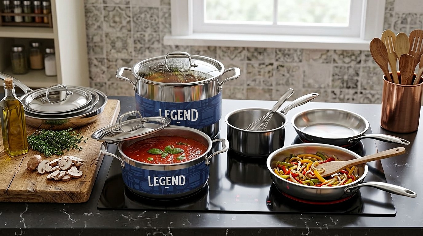 Illustration of Legend 5-Ply stainless pans with food cooking on a stovetop
