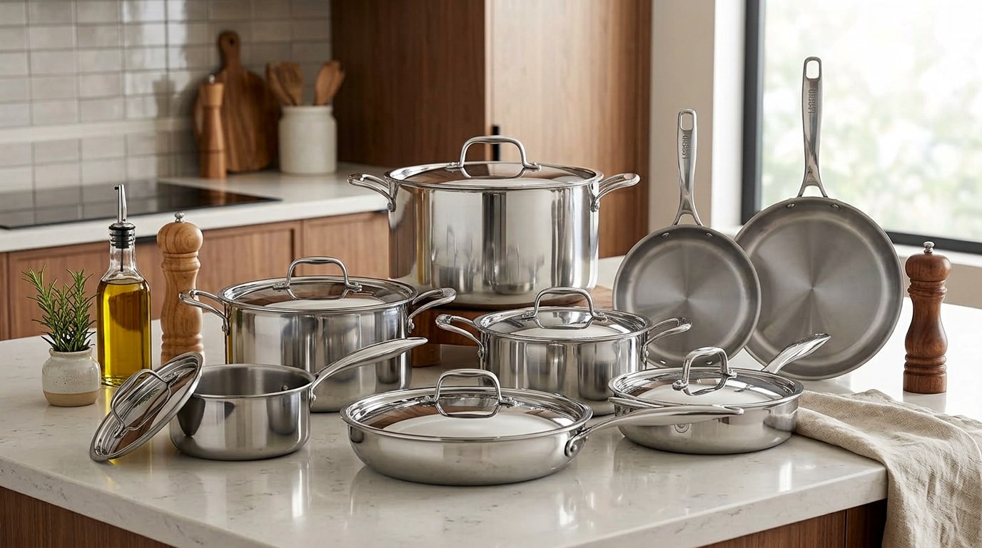 Illustration of the Legend 5-Ply stainless steel pots and pans arranged on a wooden kitchen counter