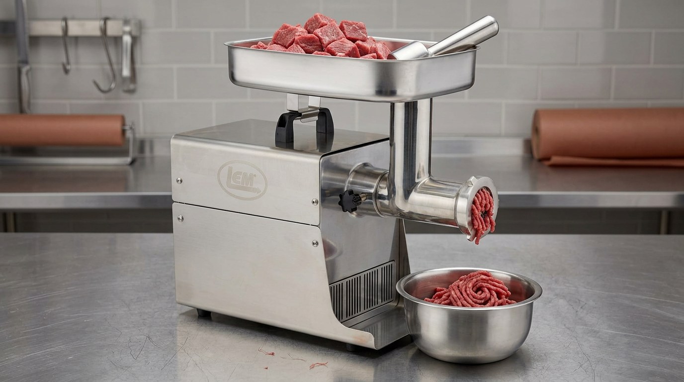 Illustration of the LEM BigBite #8 meat grinder on a stainless steel counter with a tray of raw meat and a bowl of freshly ground meat