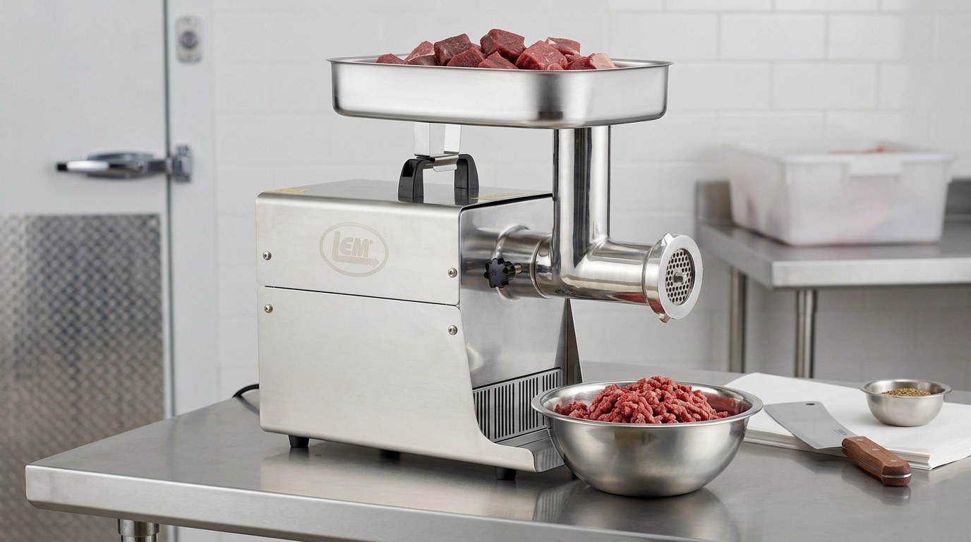 Illustration of the LEM BigBite #8 meat grinder with a full meat tray and a bowl of ground meat on a stainless counter