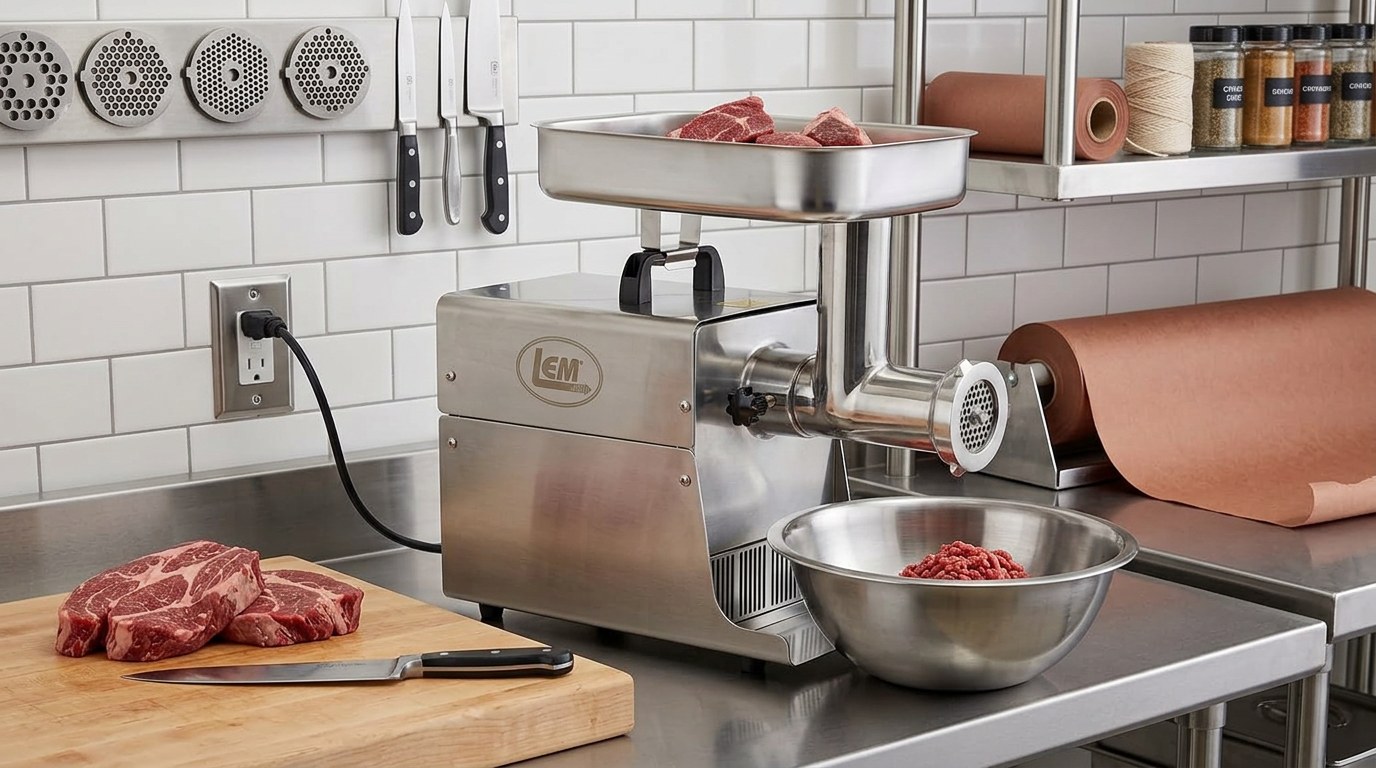 Illustration of the LEM BigBite #8 electric meat grinder on a kitchen counter with steaks on a cutting board