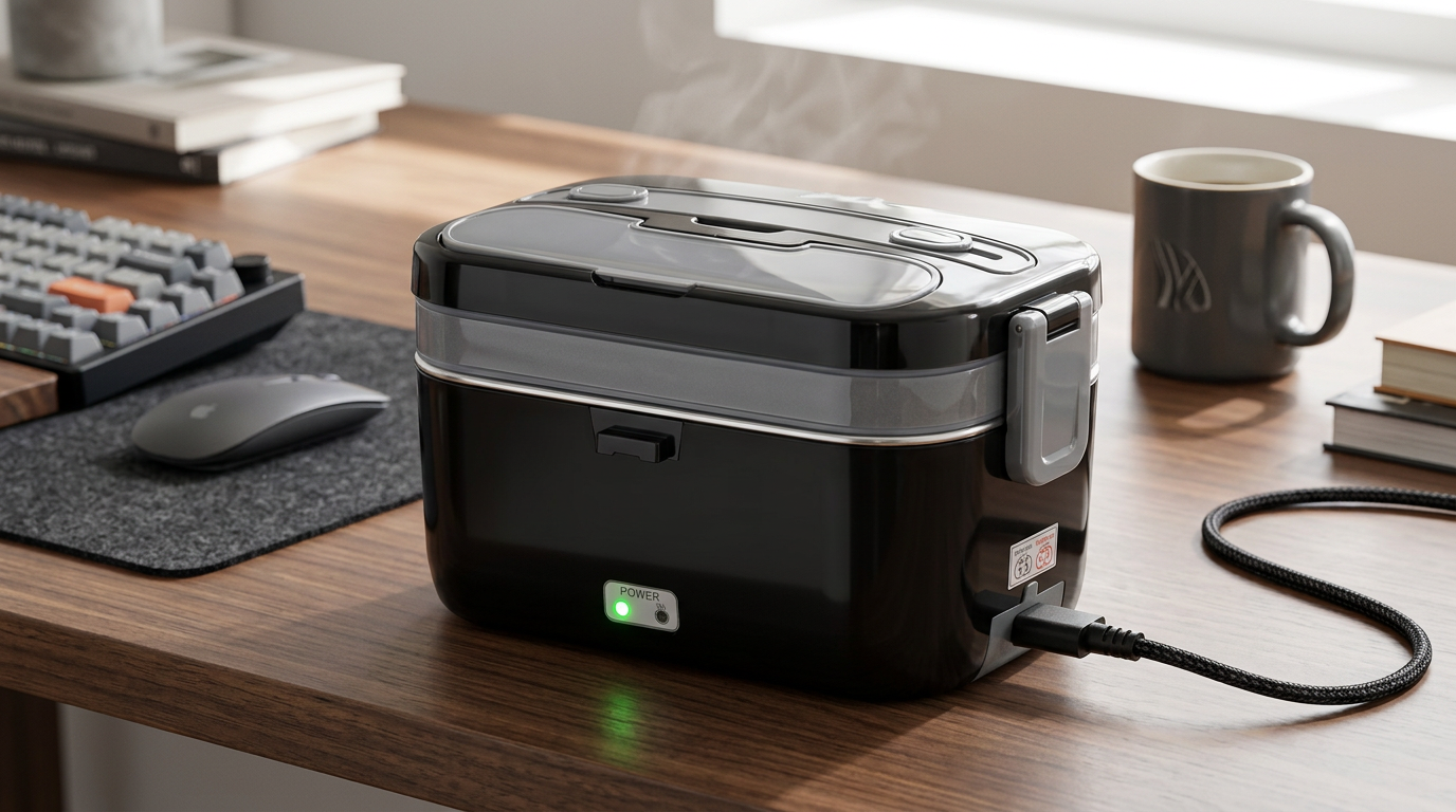 LISHZEN Electric Lunch Box plugged in on a desk next to a keyboard and a mug, with the green indicator light on