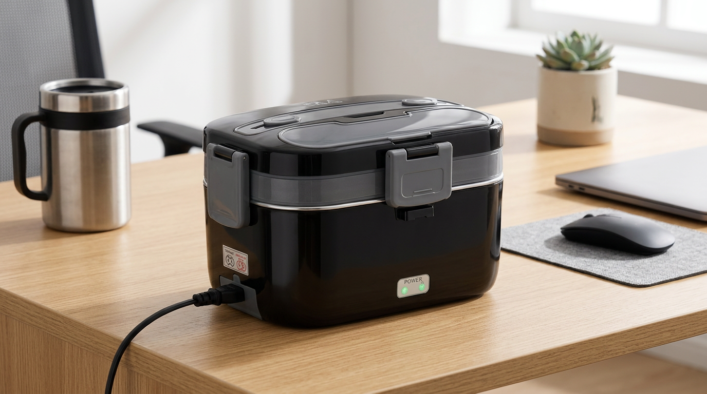 LISHZEN Electric Lunch Box plugged in on a light wooden desk next to a stainless-steel travel mug and a computer mouse