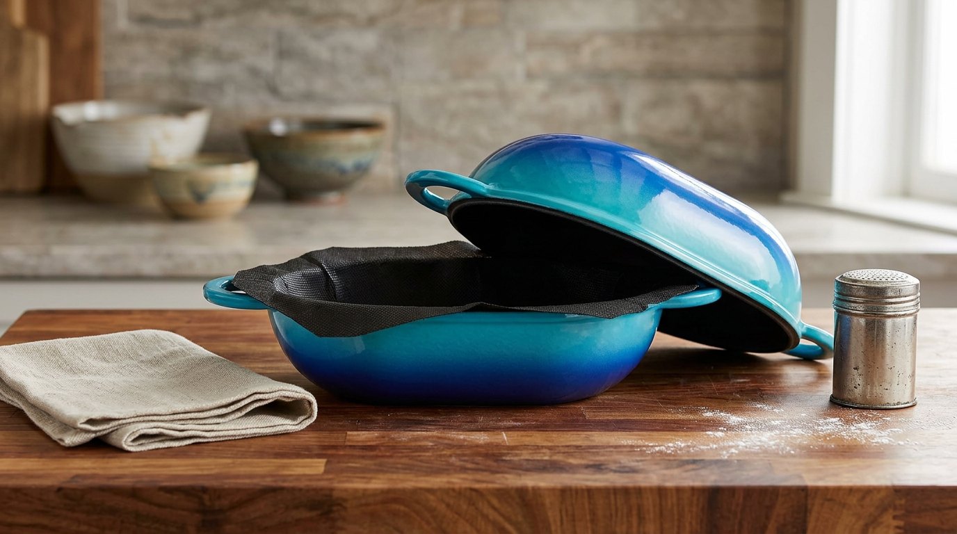 Blue gradient LoafNest cast iron Dutch oven with its lid tilted open on a wooden counter