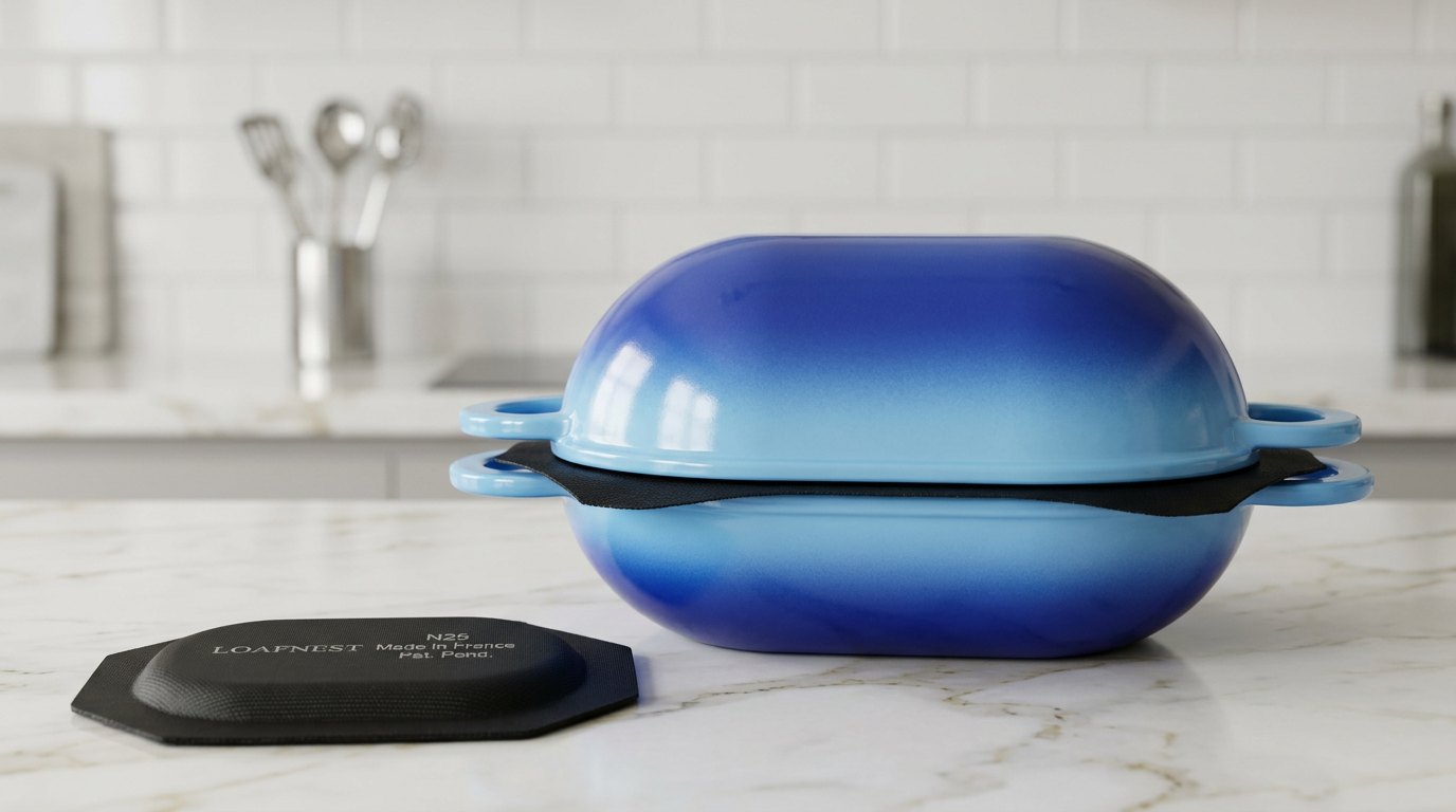 Blue LoafNest cast iron Dutch oven with lid on a white marble counter beside a black silicone mat