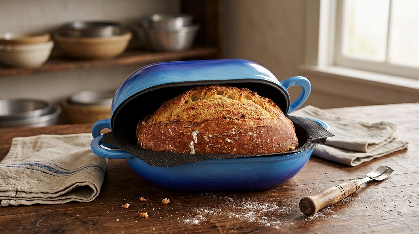 Crusty loaf of homemade bread in a blue LoafNest cast iron pot on a wooden counter