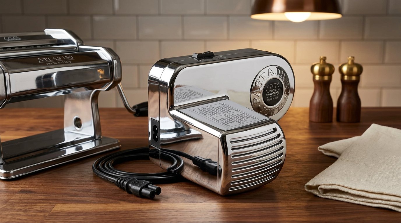 Marcato Atlas 150 pasta machine with the motor attached on a wooden kitchen counter