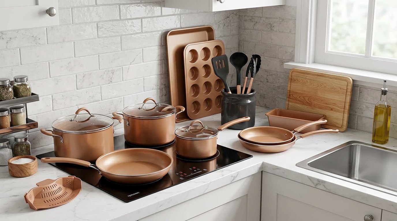 Matte gold NutriChef nonstick pots, pans and bakeware on an induction cooktop in a white kitchen