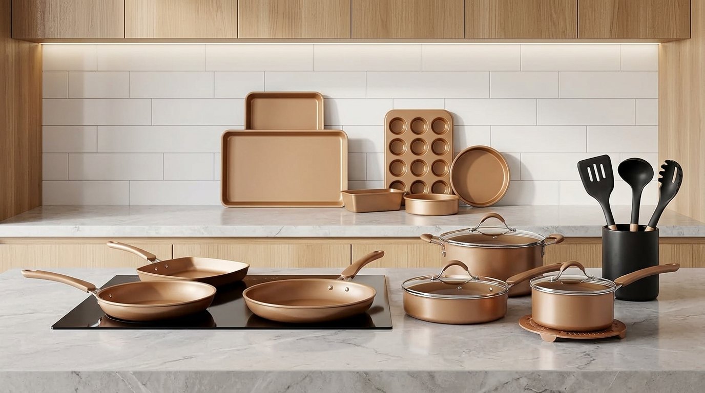 NutriChef nonstick pots and pans on a light counter with wooden cabinets and bakeware on display