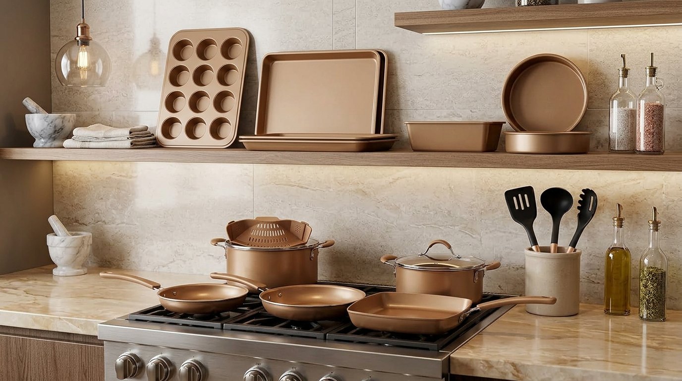NutriChef matte gold frying pans and pots on a gas range with bakeware on a shelf above and utensils in a holder