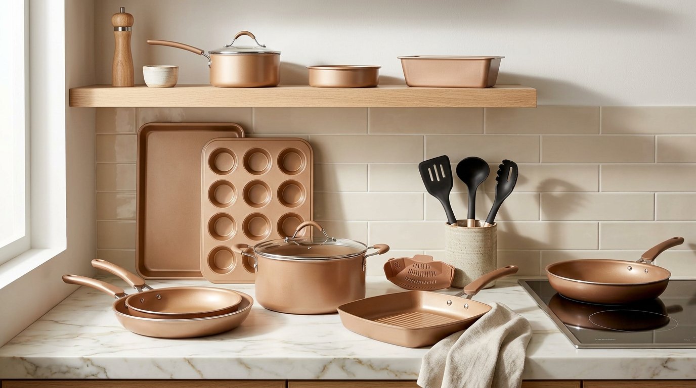 NutriChef matte gold bakeware including a muffin pan and baking trays on a shelf above frying pans on a marble counter