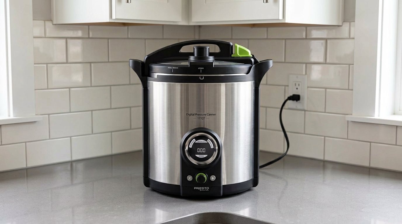 Presto Precise 17-quart digital pressure canner on a kitchen countertop