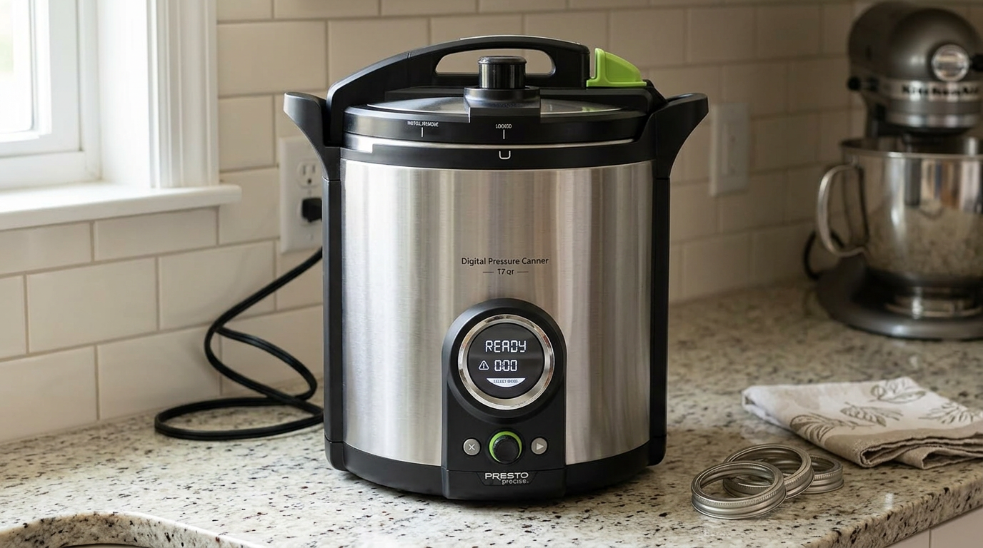 Presto Precise digital pressure canner on a kitchen counter