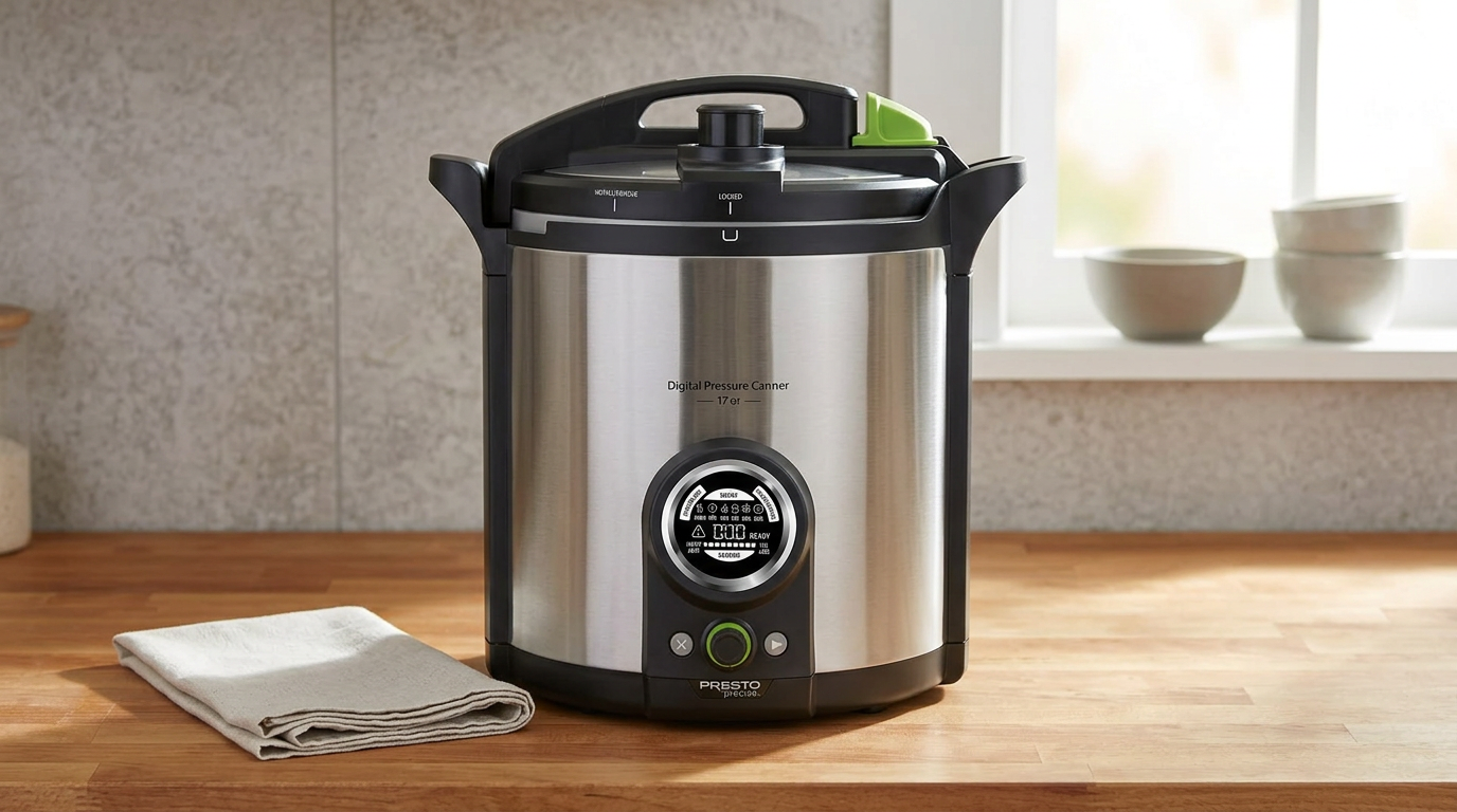 Presto Precise digital pressure canner showing its digital control panel and locking lid