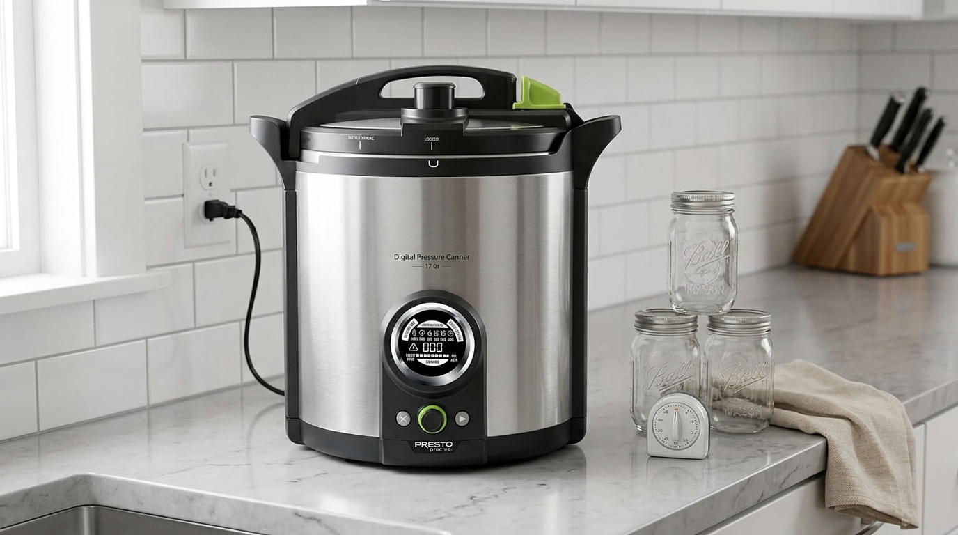 Presto Precise 17-quart pressure canner in a bright kitchen