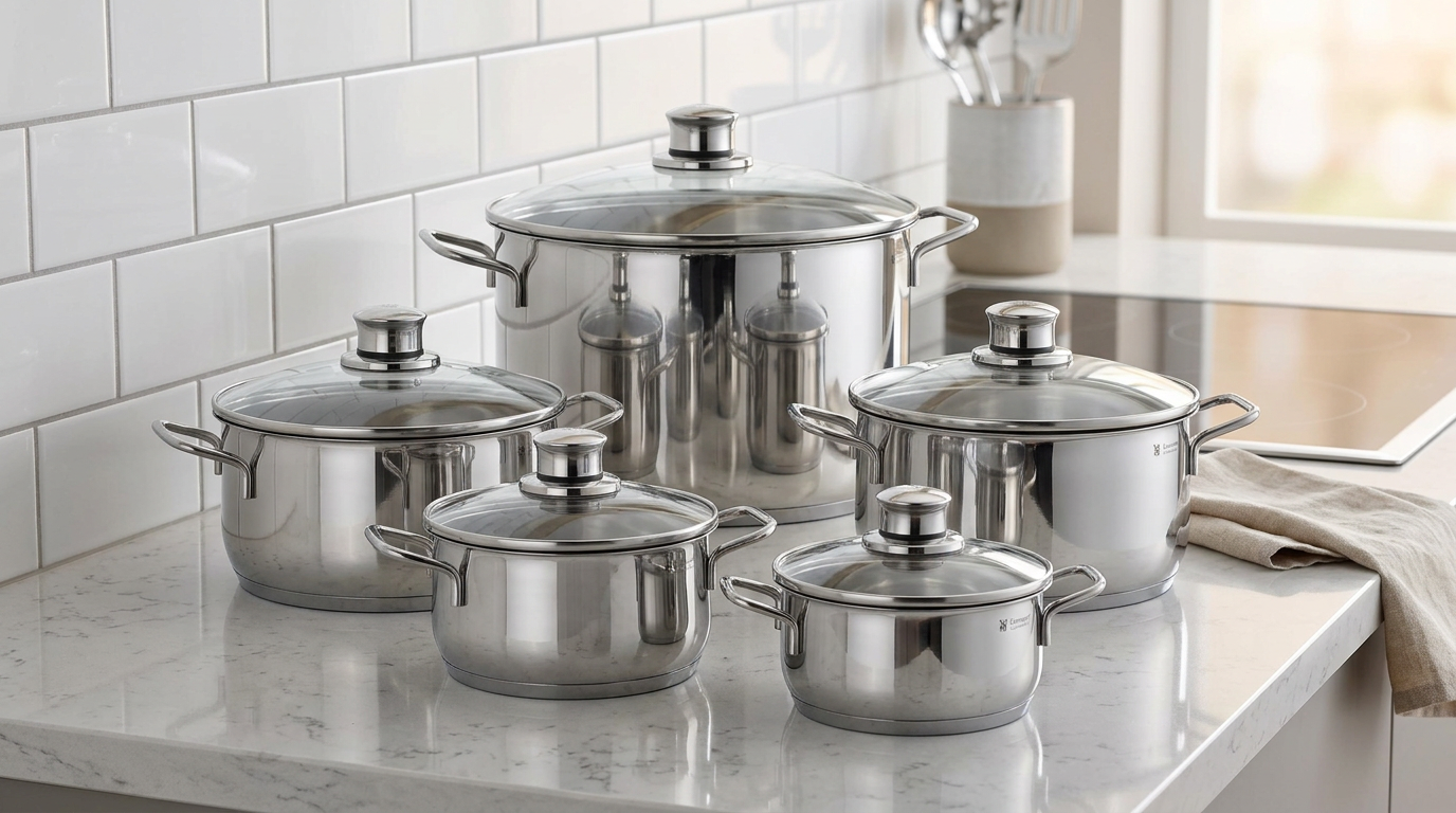 Close view of WMF Diadem Plus pots showing the polished finish, pouring rims and glass lids