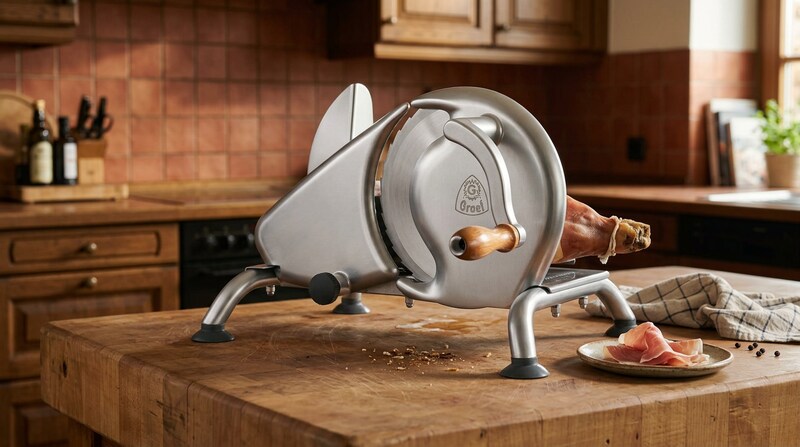 GRAEF H9 manual slicer on a wooden butcher block in a warm kitchen with sliced prosciutto on a plate