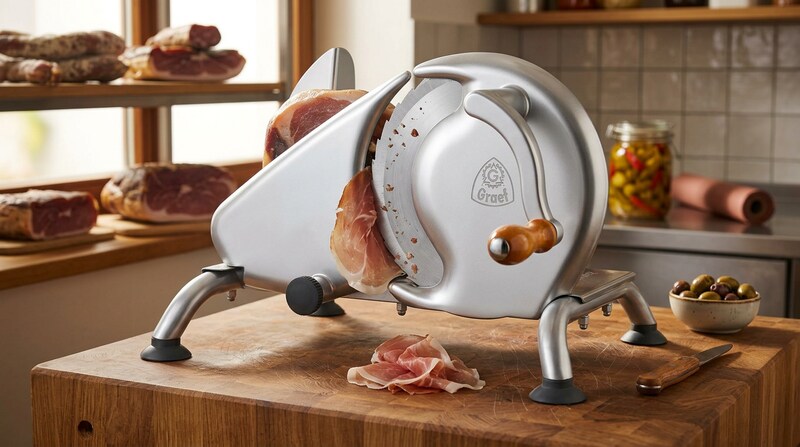 GRAEF H9 slicer on a wooden board by a window with thin slices of cured ham