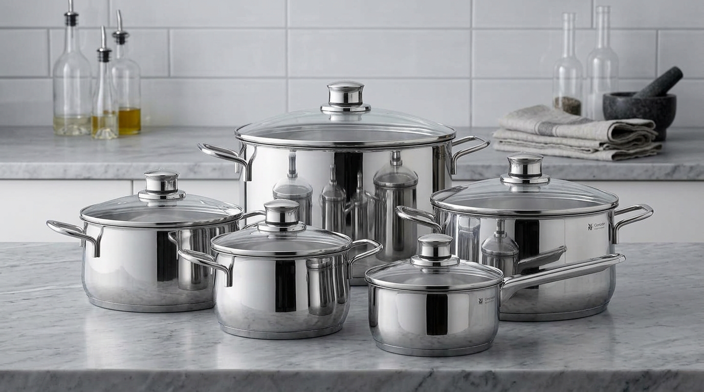 WMF Diadem Plus stainless steel pot set with glass lids on a kitchen countertop