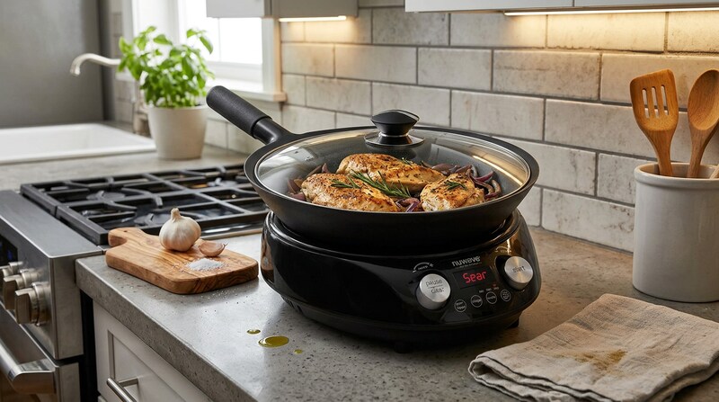 Nuwave Induction Wok cooking chicken on a kitchen counter next to the stove