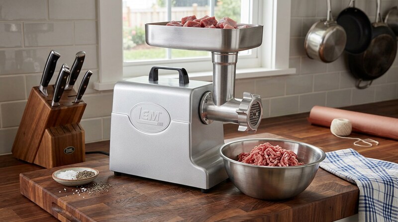 LEM MightyBite #8 meat grinder on a wooden butcher block with a knife block and a bowl of ground meat