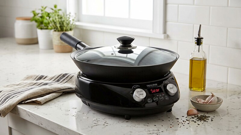 Nuwave Induction Wok with its glass lid on a white marble counter next to olive oil and garlic