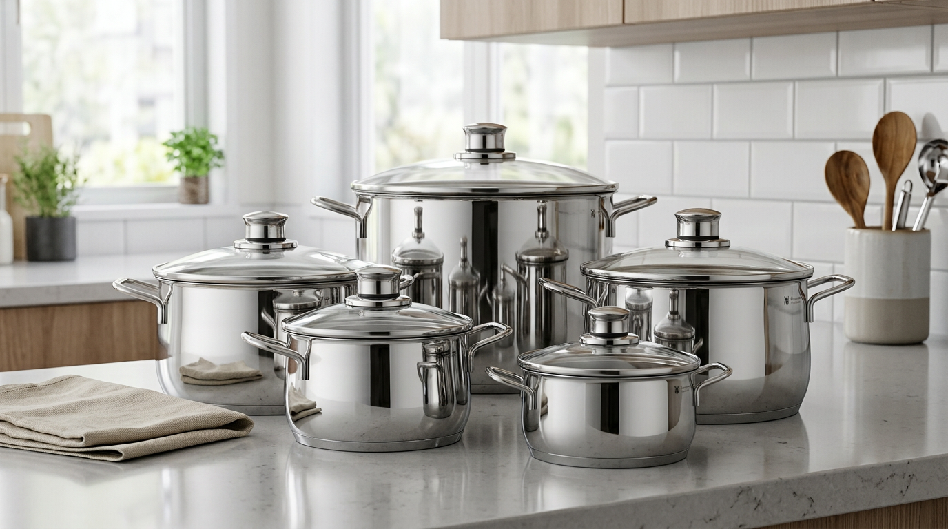 WMF Diadem Plus pots with glass lids on a light stone countertop by a window