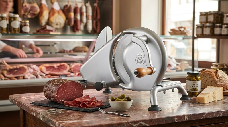 GRAEF H9 slicer on a marble counter in a deli with salami, olives and cheese