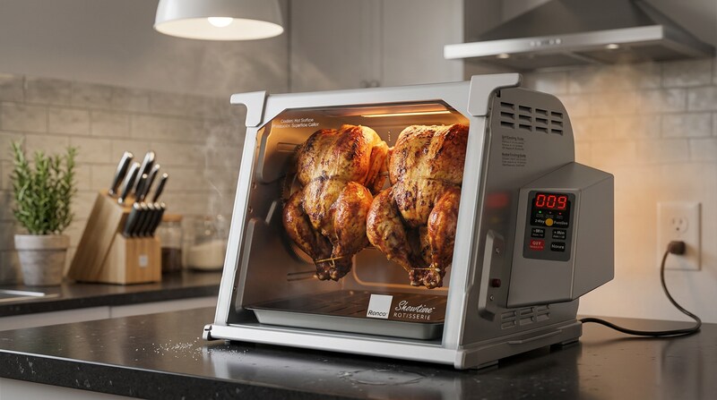 Ronco 5000 Platinum rotisserie oven roasting two chickens on a kitchen counter