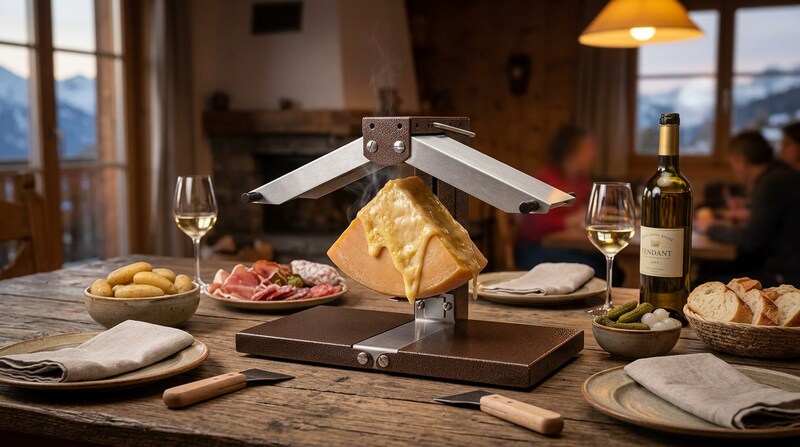 Louis Tellier raclette melter on a wooden dinner table with a quarter wheel of cheese, plates and wine glasses