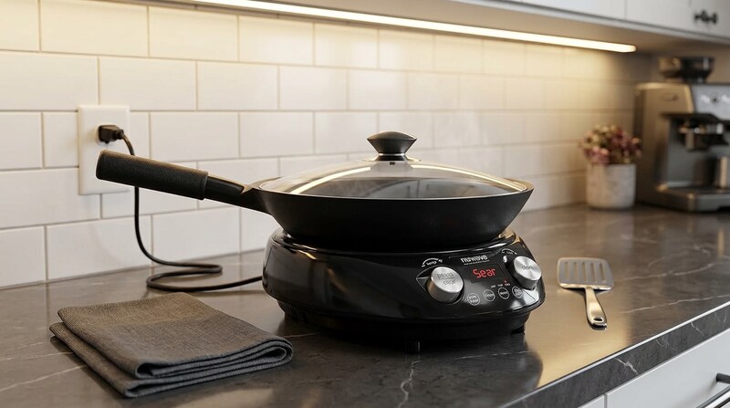 Nuwave Induction Wok plugged into a wall outlet on a dark stone counter under cabinet lights