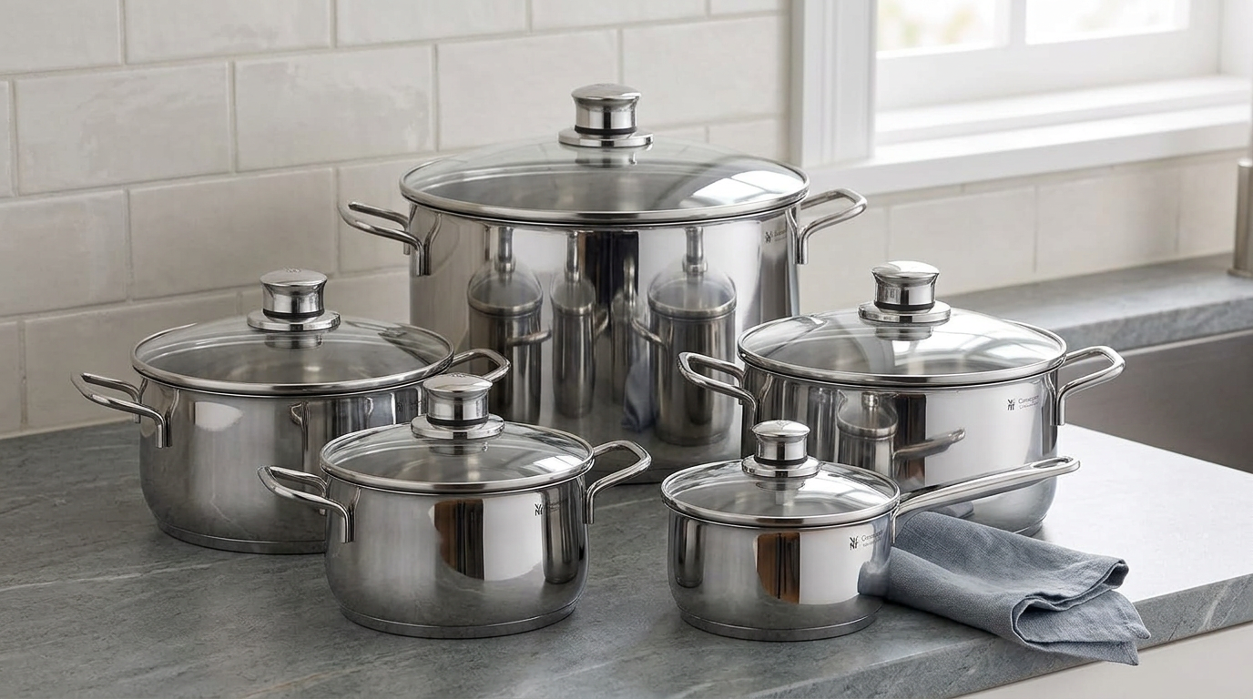 WMF Diadem Plus stainless steel pots with glass lids arranged in a kitchen