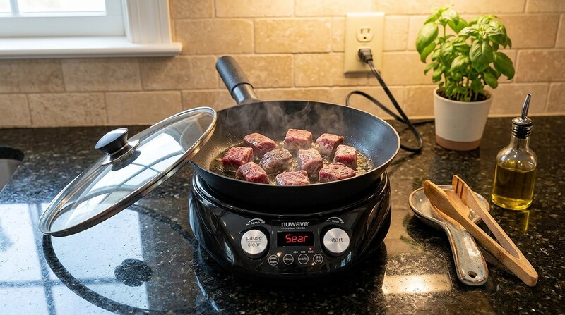 Nuwave Induction Wok searing cubes of beef on a granite kitchen counter with herbs and a wooden spatula
