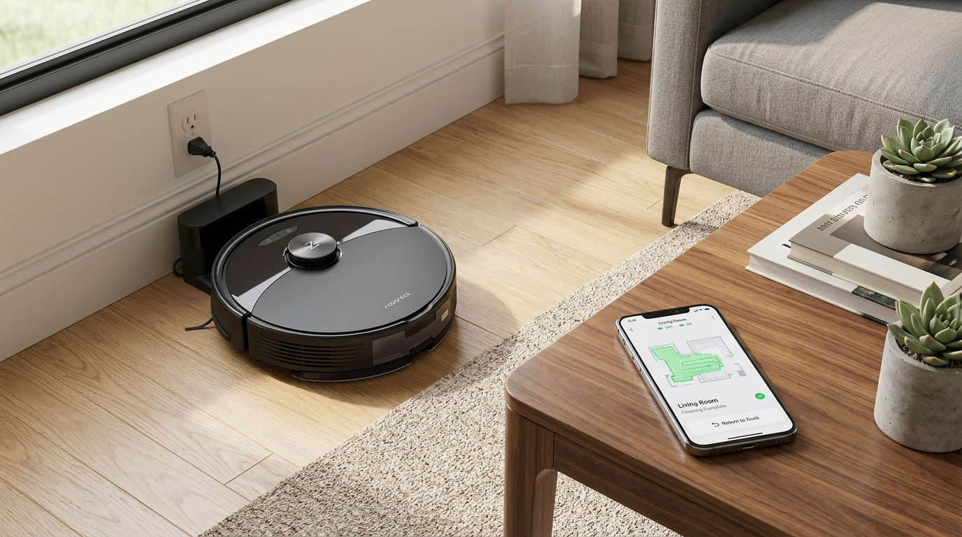 Black Roborock Q10 S5 robot vacuum on a rug in a bright living room, with its charging base in the background