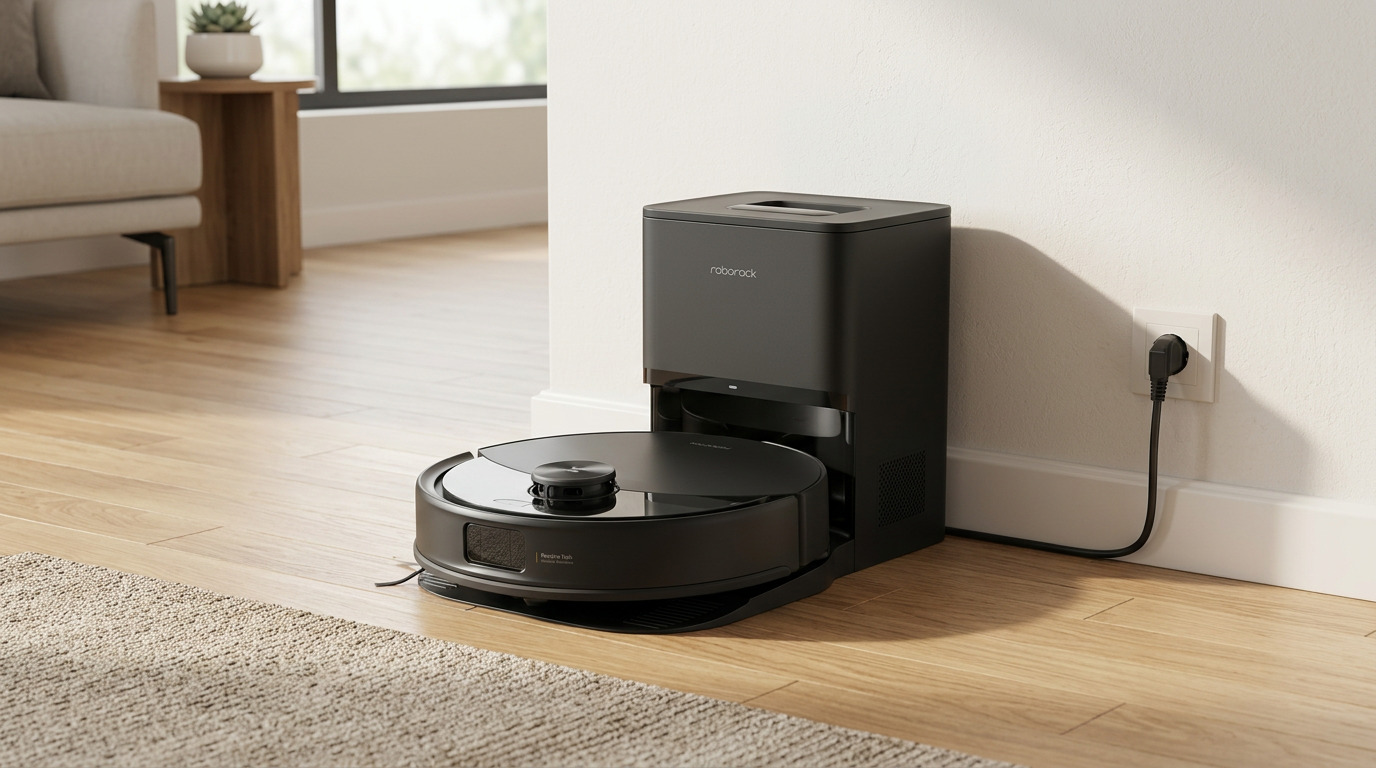 Roborock Q10 S5+ robot vacuum next to its dock on a light wooden floor