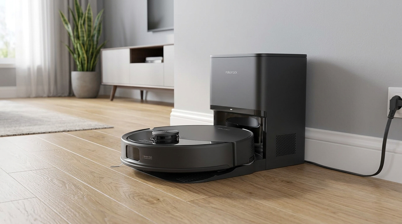 Black Roborock Q10 S5+ robot vacuum in front of its compact self-emptying dock on a wooden floor, with a plant and TV cabinet behind