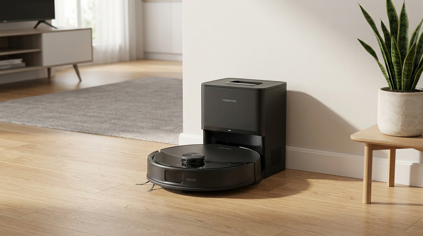 Roborock Q10 S5+ and its auto-empty dock against a white wall on a wooden floor beside a rug