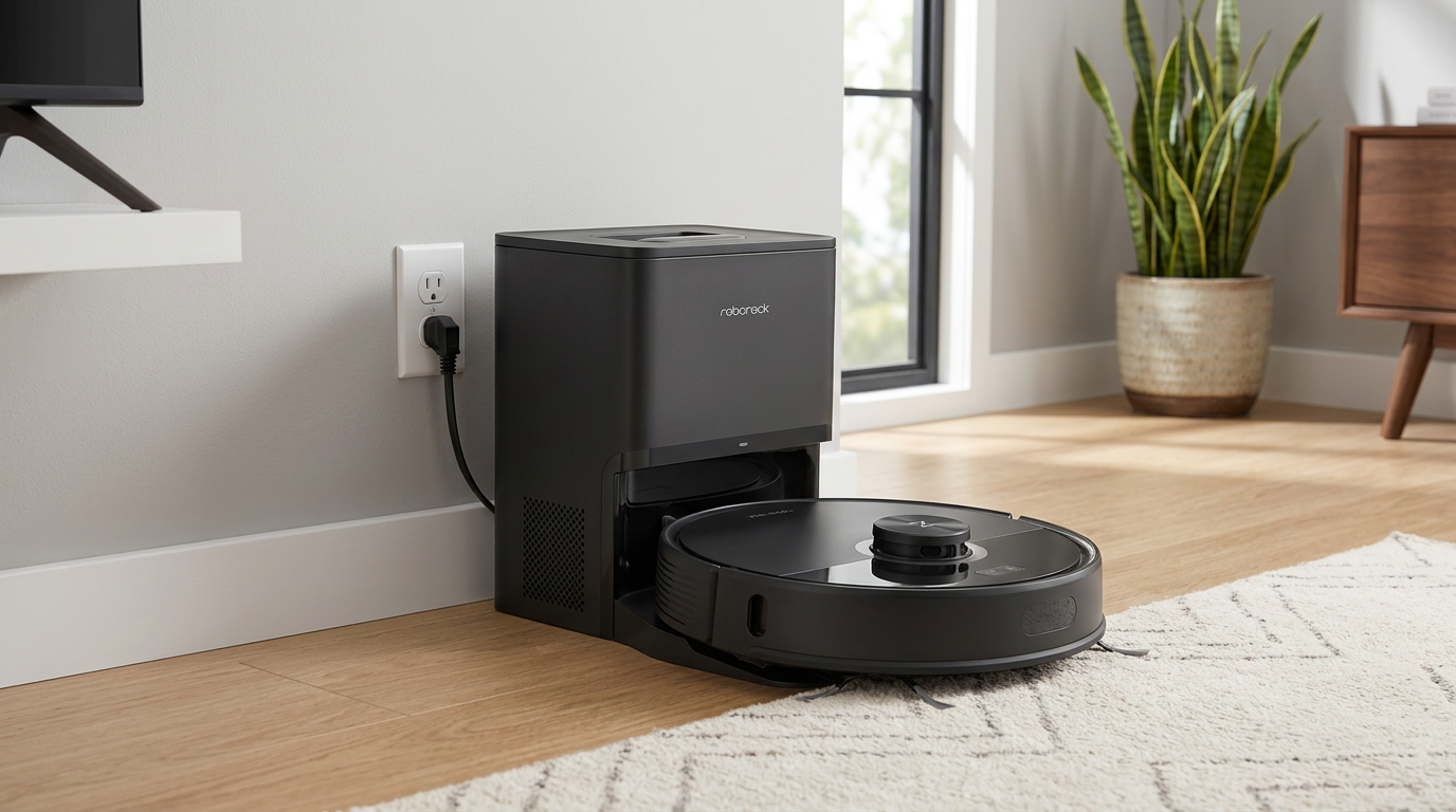 Roborock Q7 M5+ robot vacuum on its auto-empty dock in a living room with a rug