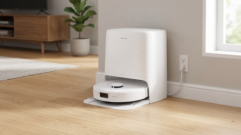 White Roborock Qrevo 2 Pro robot vacuum in its white dock in a bright living room