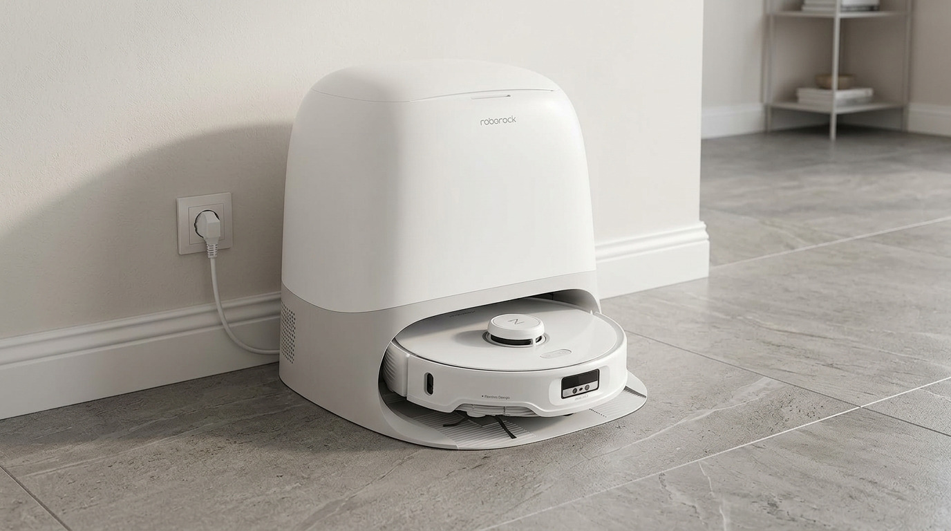 White Roborock Qrevo Curv in its rounded dock on a light wooden floor beside a potted plant