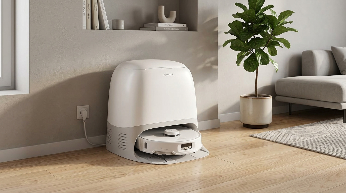 Roborock Qrevo Curv docked against a white wall next to a power outlet on a gray floor