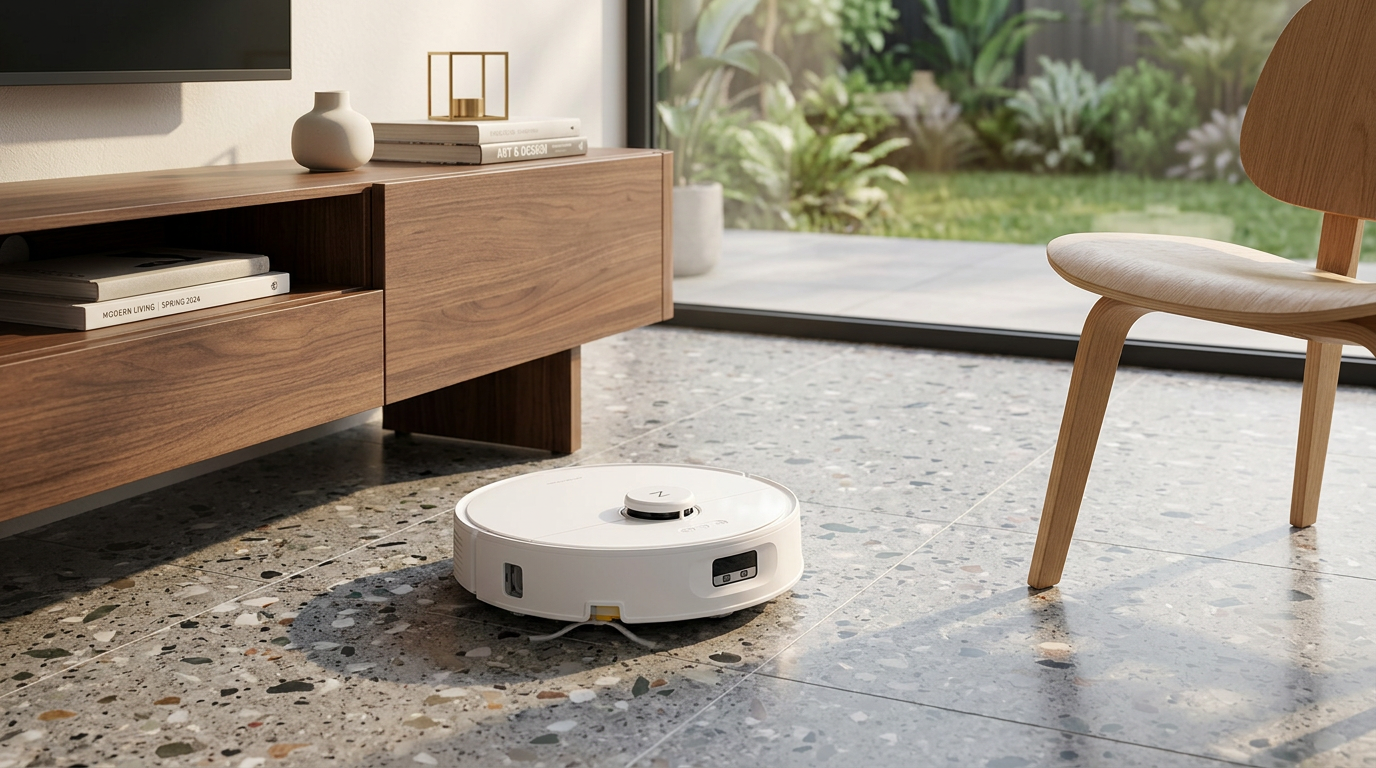 Roborock Qrevo Curv 2 Flow and dock on a wooden floor next to a potted plant
