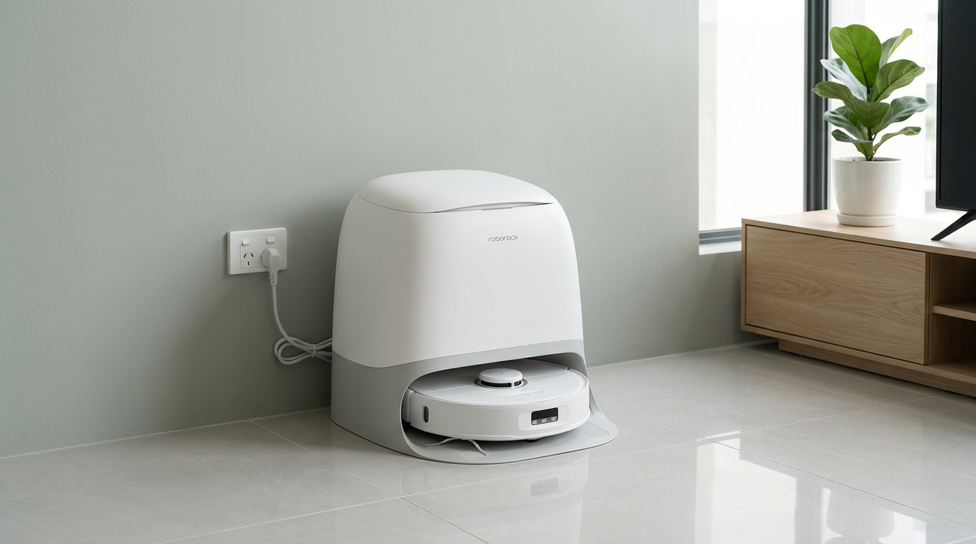 White Roborock Qrevo Curv 2 Flow in its curved dock on a wooden floor, with a spare roller mop beside it